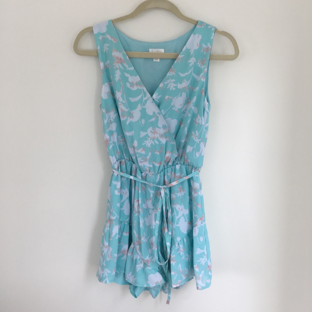 Mint aqua Floral peach Decree ruffle romper small